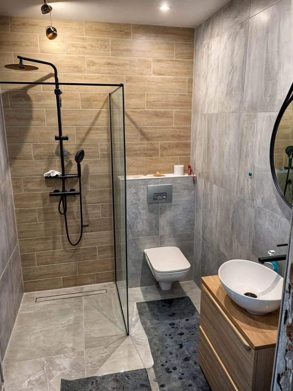 Walk-in-Dusche mit schwarzen Armaturen, Holzwaschtisch und Steinoptik